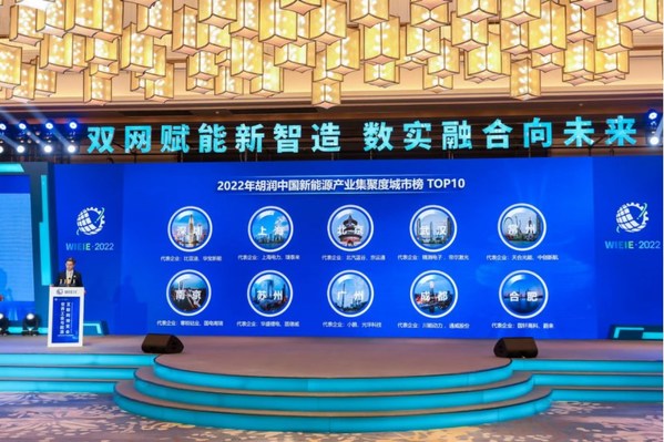 图片展示了2022年胡润中国新能源产业集聚度城市榜发布现场，榜单在11月11日-13日世界工业与能源互联网博览会举办期间发布。