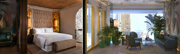 从左至右：澳门银河嘉佩乐酒店豪华丛林主题套房；每间套房均设有Moinard Bētaille建筑事务所设计的花园景观