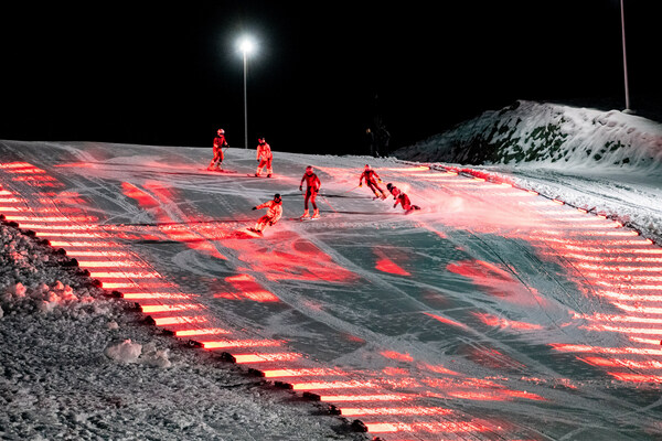 图6：中国国家单板滑雪U型场地队、中国国家高山滑雪队身着迪桑特国家队装备滑行