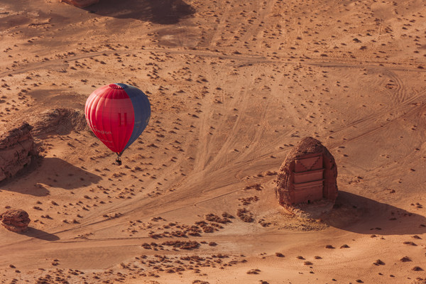 View from Hot Air Balloon above the UNESCO WORLD'S HERITAGE SITE, Hegra, AlUla, Saudi Arabia.
