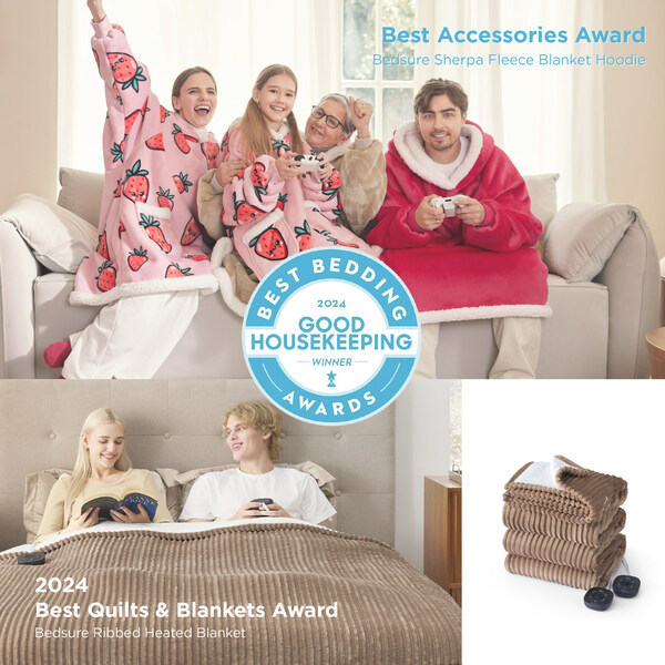 图1：Bedsure羊羔绒穿戴毯和抽条法兰绒毯荣获美国权威杂志Good Housekeeping年度最佳床品大奖