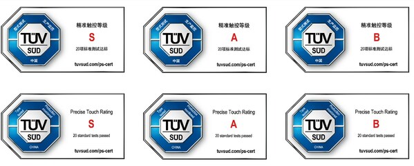 TÜV南德精准触控认证，分为三个等级：S（最高）、A级、B级