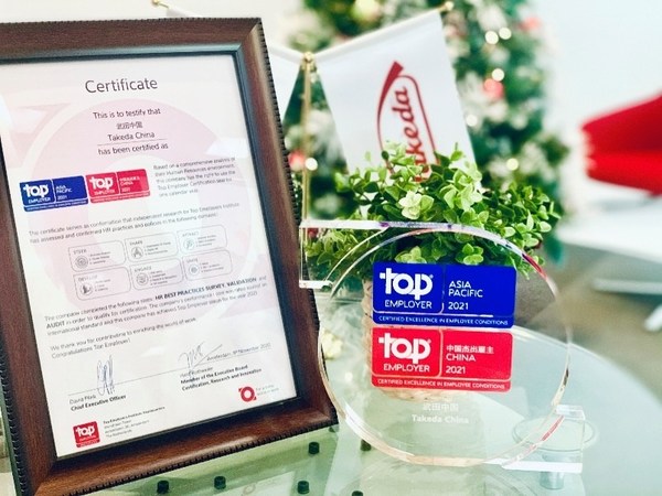 武田中国杰出雇主2021奖杯及证书
