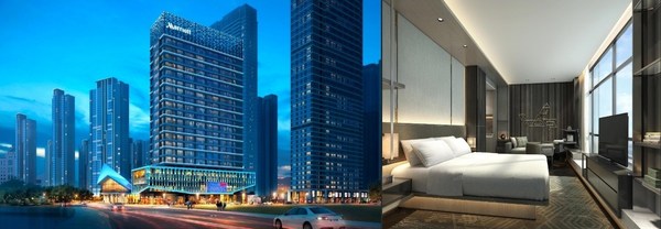 从左至右：长沙卓越万豪行政公寓外观效果图以及精致城景公寓效果图