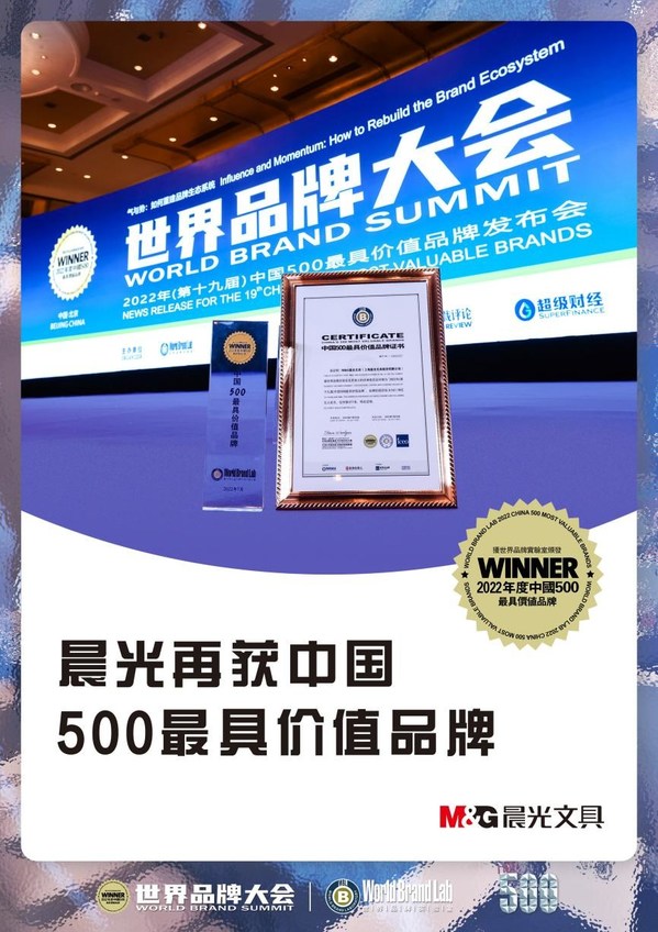 2022年7月，晨光再次荣获世界品牌实验室颁布的“中国500最具价值品牌”称号