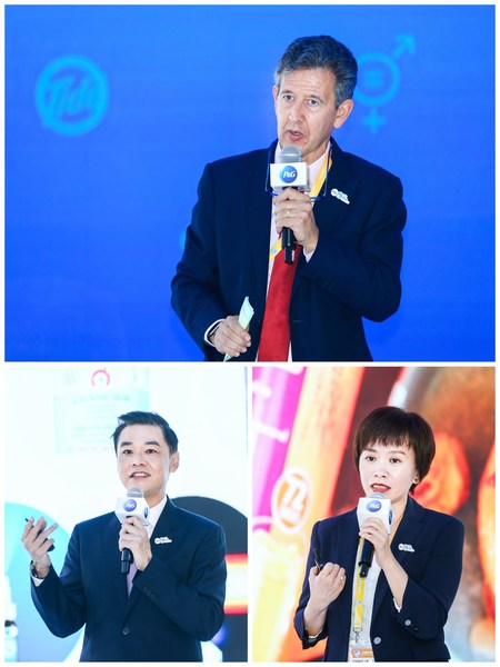 宝洁大中华区总裁、董事长 马睿思（上）；宝洁大中华区传播与公关副总裁、首席可持续发展官 许有杰（下一）；宝洁大中华区首席财务官兼健康护理品类总裁 白静（下二）